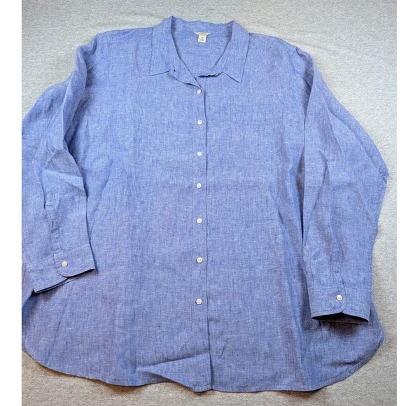 L.L.Bean Tops - LL Bean Womens 3X Plus Blue 100% Linen Button Down Shirt Long Sleeve 301233